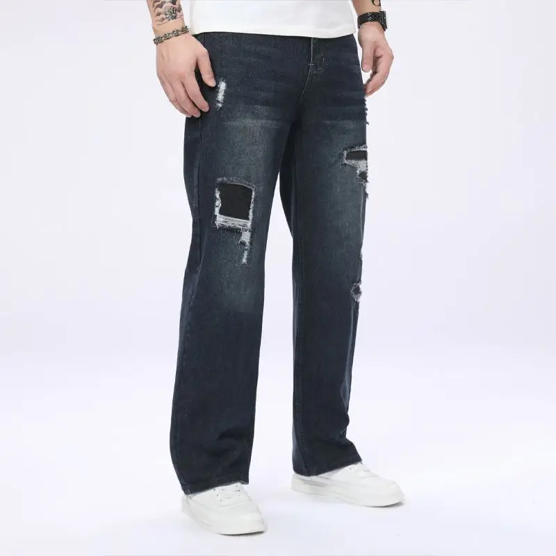 Men's denim pants, American fashion trend, casual simplicity, deep blue perforated straight leg pants, suitable for all seasons