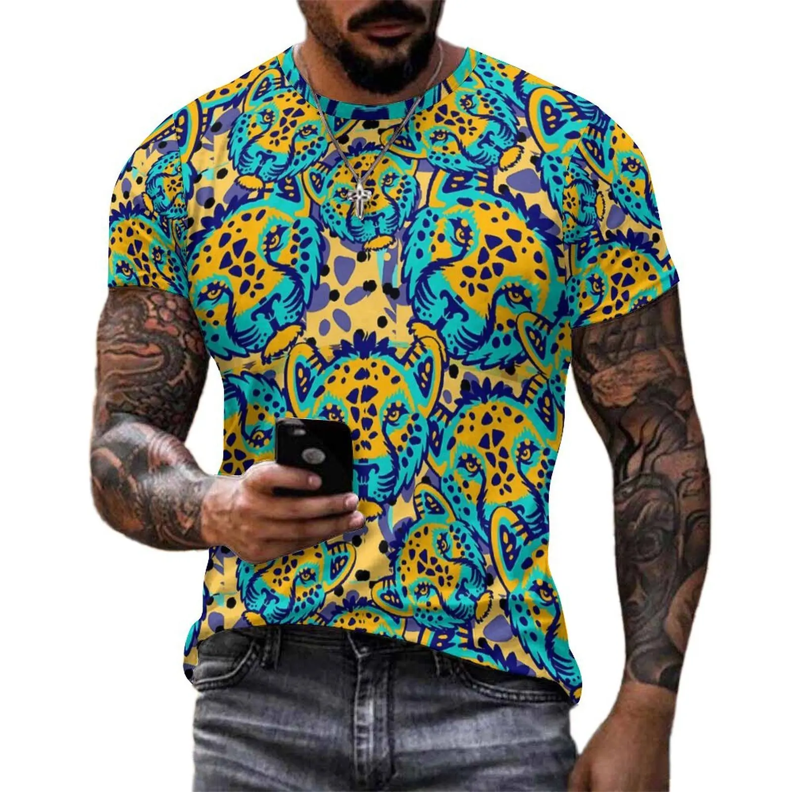 Man Vibrant Tiger Head T-Shirt Abstract Art Retro T Shirts Short-Sleeved Custom Tops Hot Sale Summer Basic Plus Size Tees