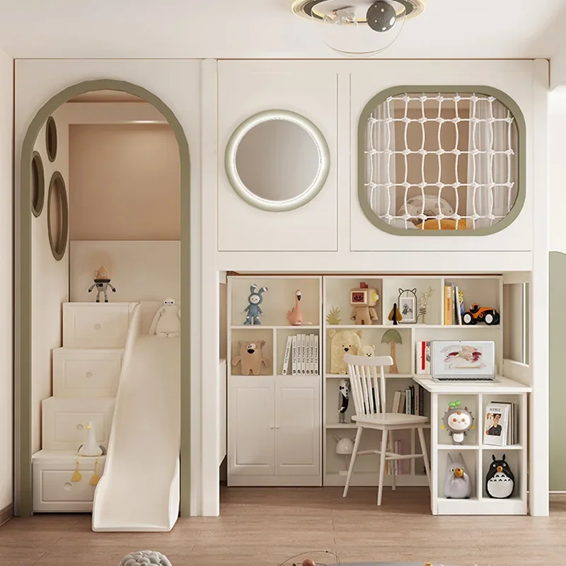 Children's staggered bunk bed, high and low bed, high guardrail, tree house with desk, wardrobe, integrated , furniture set com