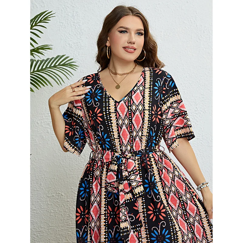 Vestido de estilo bohemio de talla grande para mujer, Vestido largo de media pantorrilla, manga larga, cuello en V, ropa holgada de talla grande