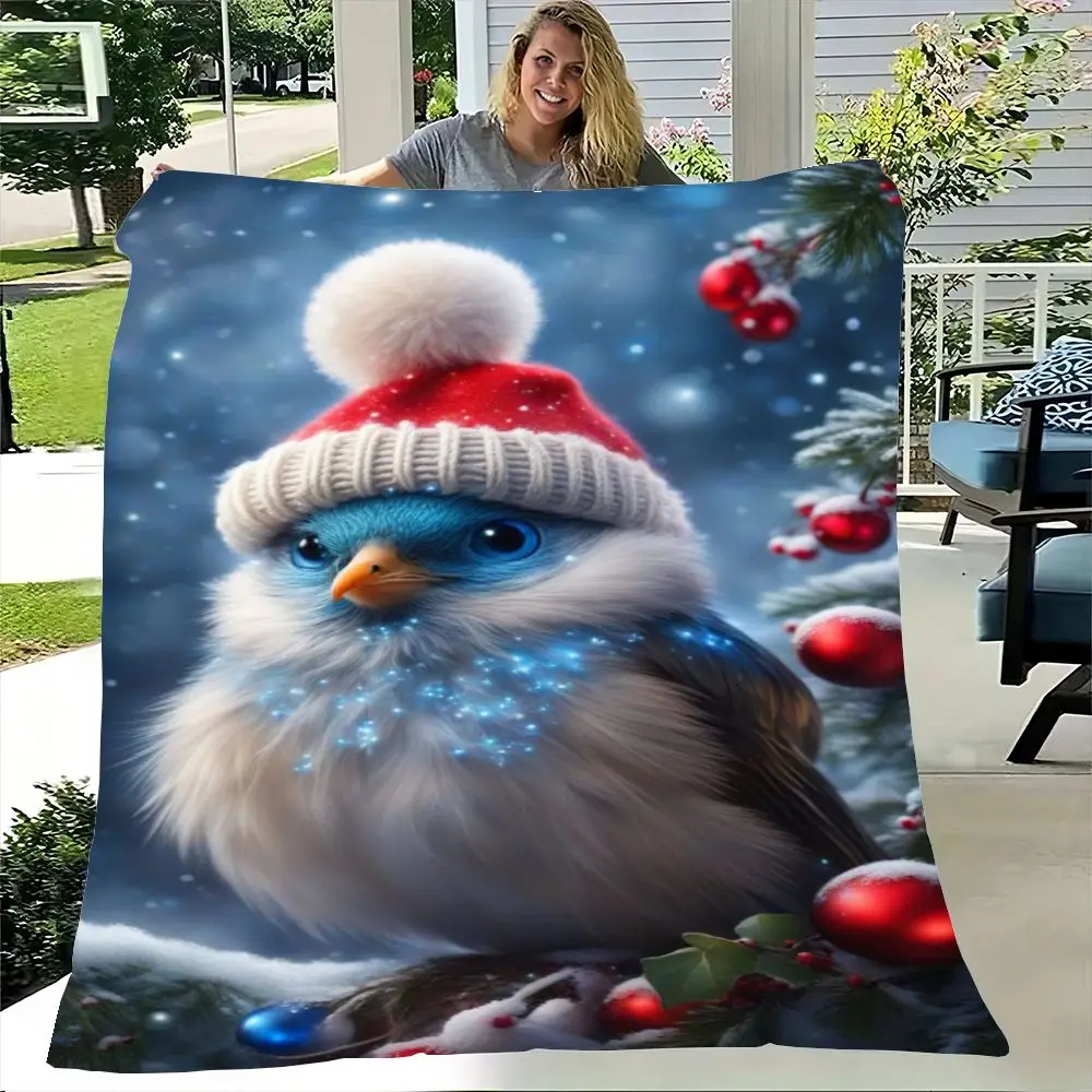 Charming Cute Fluffy Bird Winter Hat Throw Blanket - Cozy Polyester Soft Blanket Featuring a Whimsical Snowy Scene with Blue and - view 4