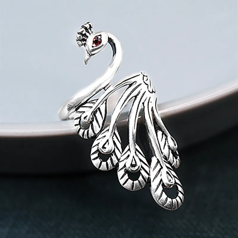 New Simple Nationality Style Retro Creative Peacock 925 Sterling Silver Jewelry Popular Crystal Opening Rings  R043