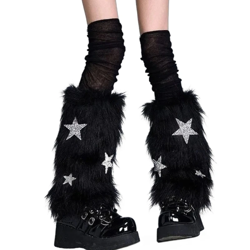 Festival Furry Leg Warmers Sweet Bowknot Star Plush Boot Cuffs for Costume Event Dropshipping