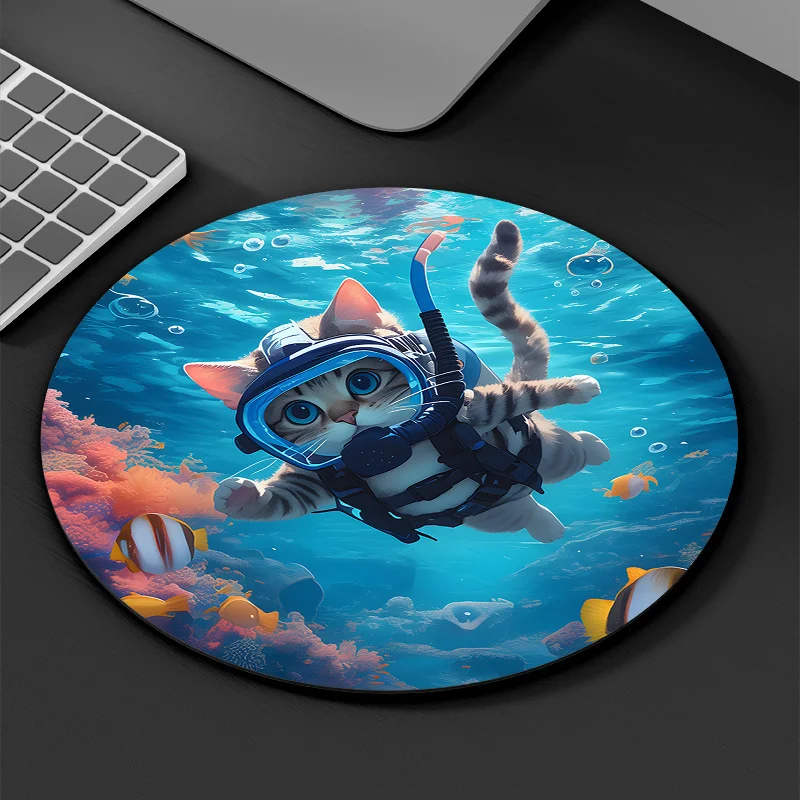 

The diving cat illustration round mouse pad with a waterproof and anti-slip rubber base is suitable for both office and home use