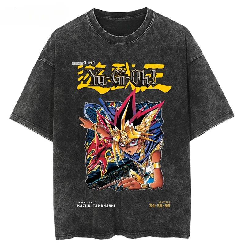 Pop Summer Japanese Anime Washed-out and Distressed Vintage Short-sleeved T-shirt Cotton Yu-Gi-Oh! Duel Monsters GameKing