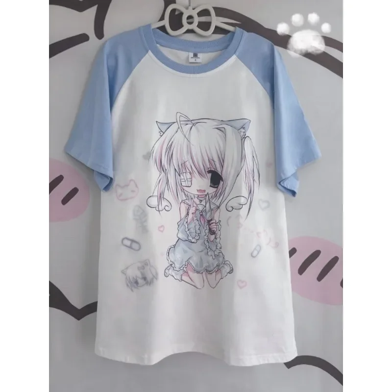 

Y2k Women's Subculture Cartoon Printed Short-sleeve T-shirt 2024 New Casual Splicing Women Tees Japanese Kawaii Sweet Girl Tops