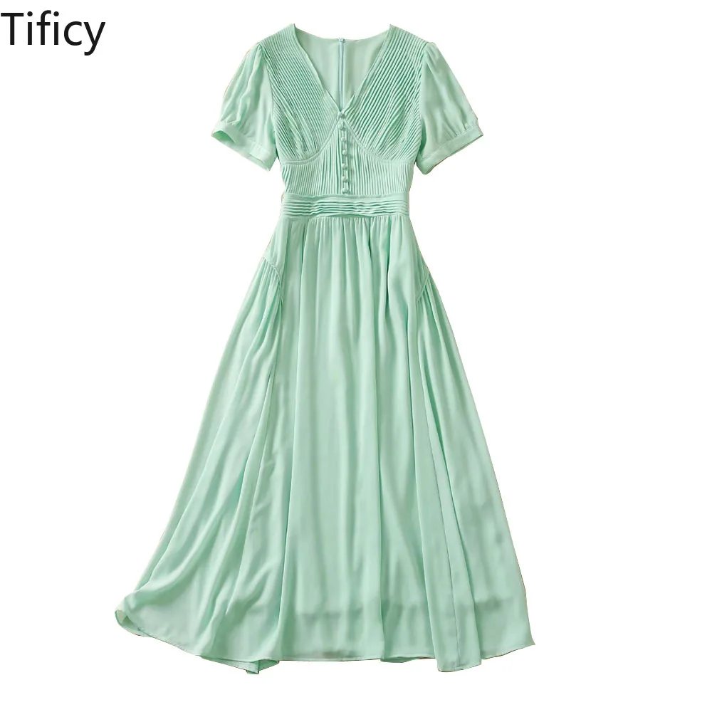 Imagem -04 - Princesa Kate com o Mesmo 2024 Verão Feminino com Decote em v Manga Curta Hortelã Verde Chiffon Bolsa Fivela Grande Vestido de Balanço