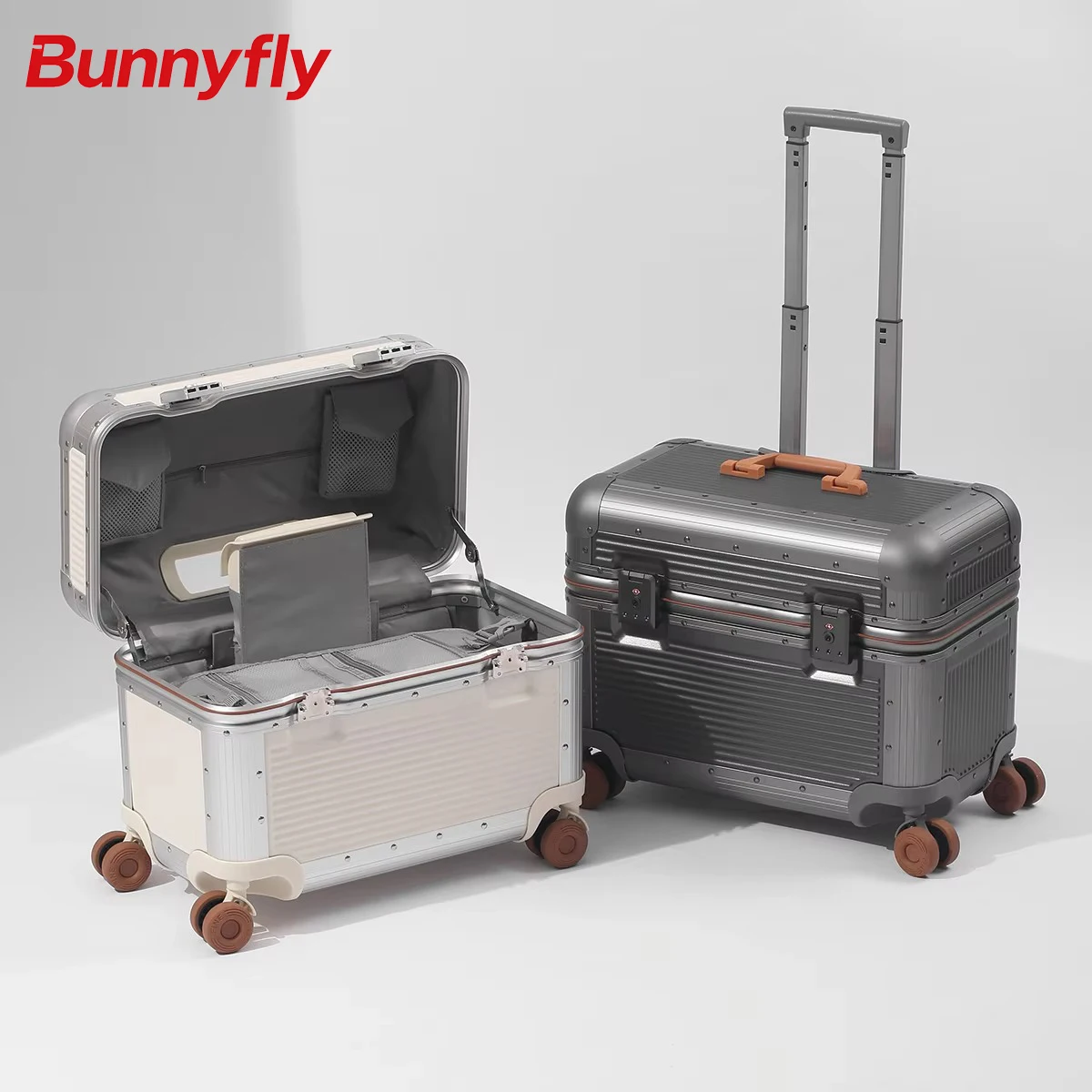 18' Aluminum Frame Carry-On Suitcase - Front Open TSA Lock Silent Spinner Wheels Business Travel Horizontal Cabin Luggage