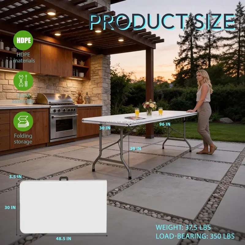 for 8ft Folding Picnic Table Portable Camping Table with Handle Safety Locks Foldable Plastic Dining