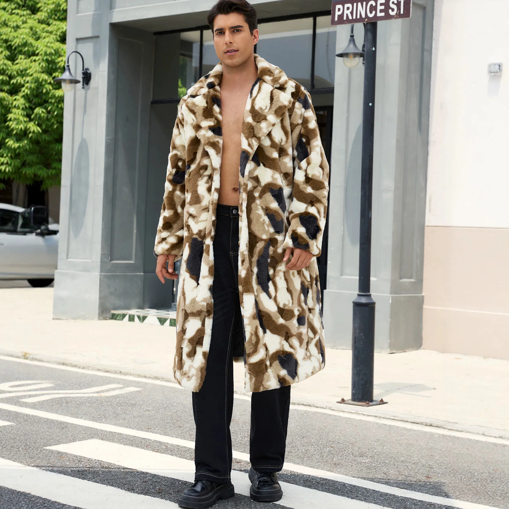 Long Coat Men Faux Rabbit Fur Jackets Turn Down Collar Full Sleeve Coat Thick Warm Outerwear Y2k Streetwear Camouflage Print