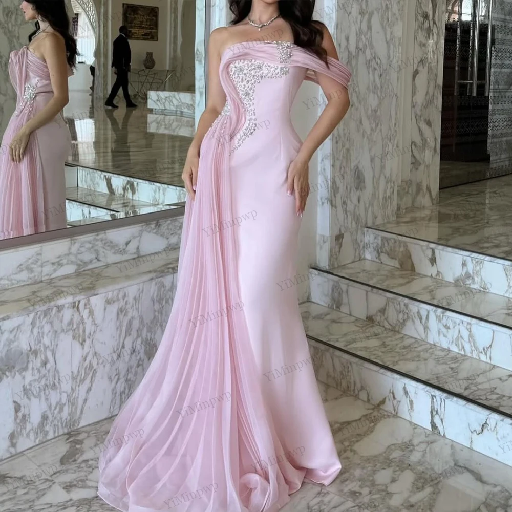 ชุดราตรีคริสตัลสีชมพูแบบเกาะอกทรงเมอร์เมด ปี 2025 หรูหรา ผ้าซาติน แบรนด์ดัง