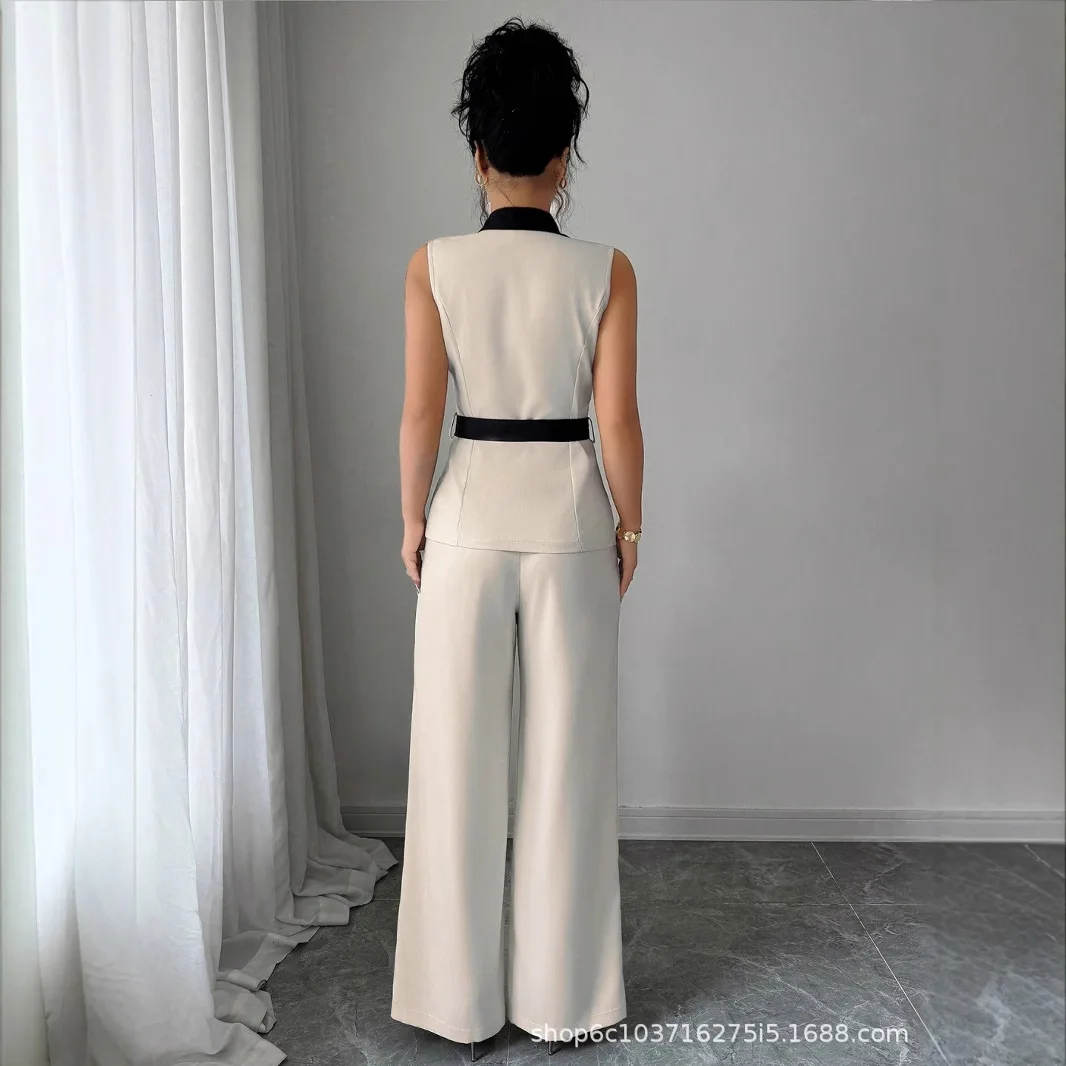 Vest Suit Women Wide Leg Pants Waistcoat 2 Piece Sets Sleeveless Jacket Belt Tight Waist Outfits Trousers Office Lady Ensemble
