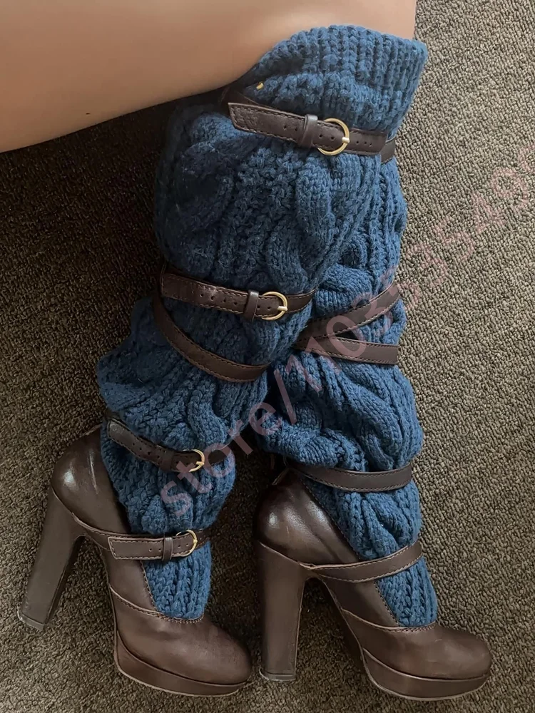 Women's Winter Belt Buckle Knit Patchwork Knee-High Boots round Toe Chunky Heel Casual Party Fashion Long Boots
