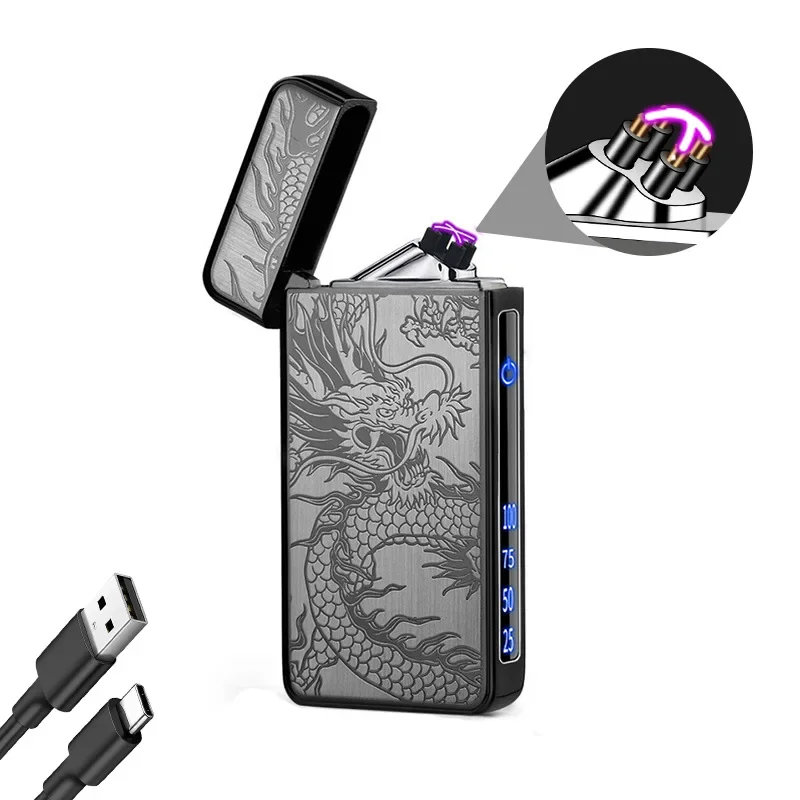 New TYPE-C Rechargeable Touch-sensing Dual Arc Lighter Power Display Metal Gold-plated High-end Windproof Lighter