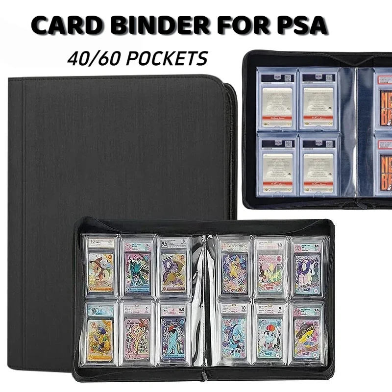 Graded Card Slab PU Leather Zipper Binder Album Holds 40/60 Slabs Acid Free Trading Card Slab Binder for PSA Pokemon Yu-Gi-Oh