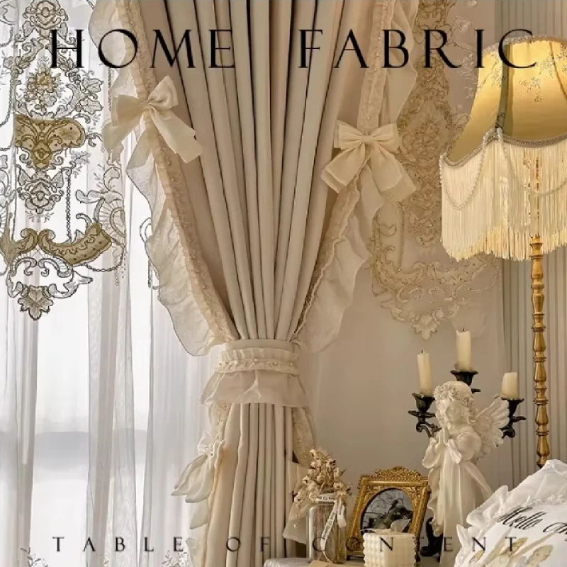 Cream Chenille Embroidery Bowknot Ruffles Blackout Curtains for Living Room French Window Balcony Window Screen
