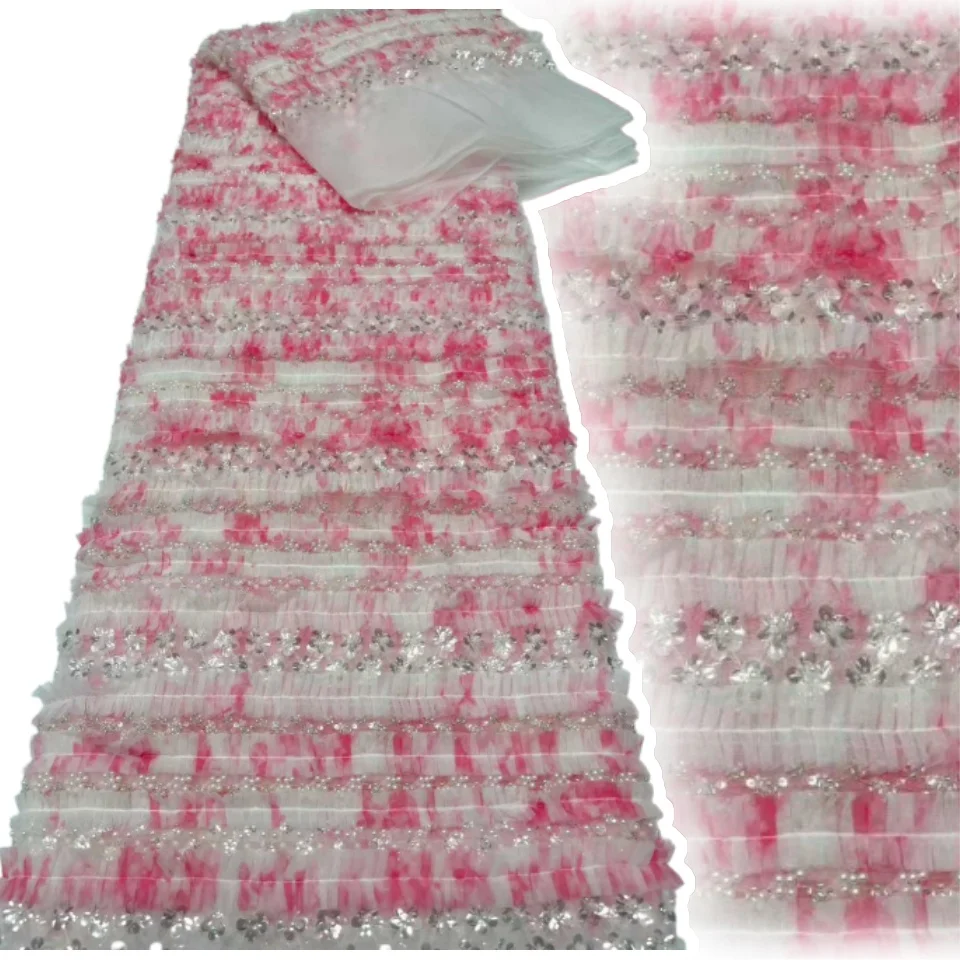 

Розово-белая африканская 3D цветочная кружевная ткань с бусинами, французская нигерийская тюль с вышивкой для шитья свадебного платья, 5 ярдов AH1450