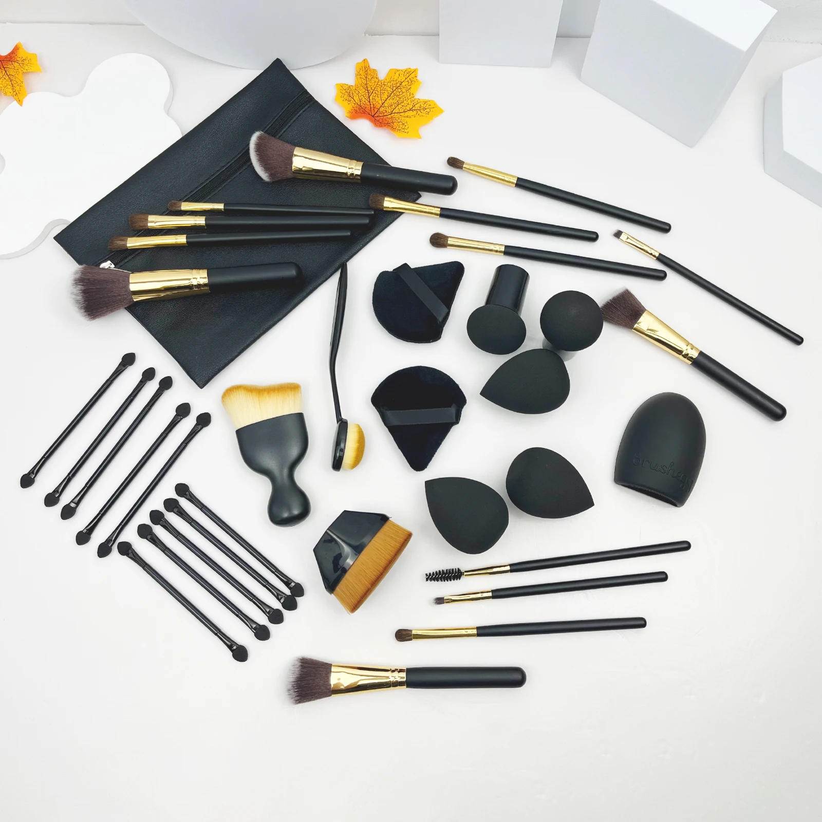 

36PCS Black&Gold Makeup Brush Set Sponge Sticks Mushroom Brush Cleansing Brush Puffs Foundation Brush Zipper Bag