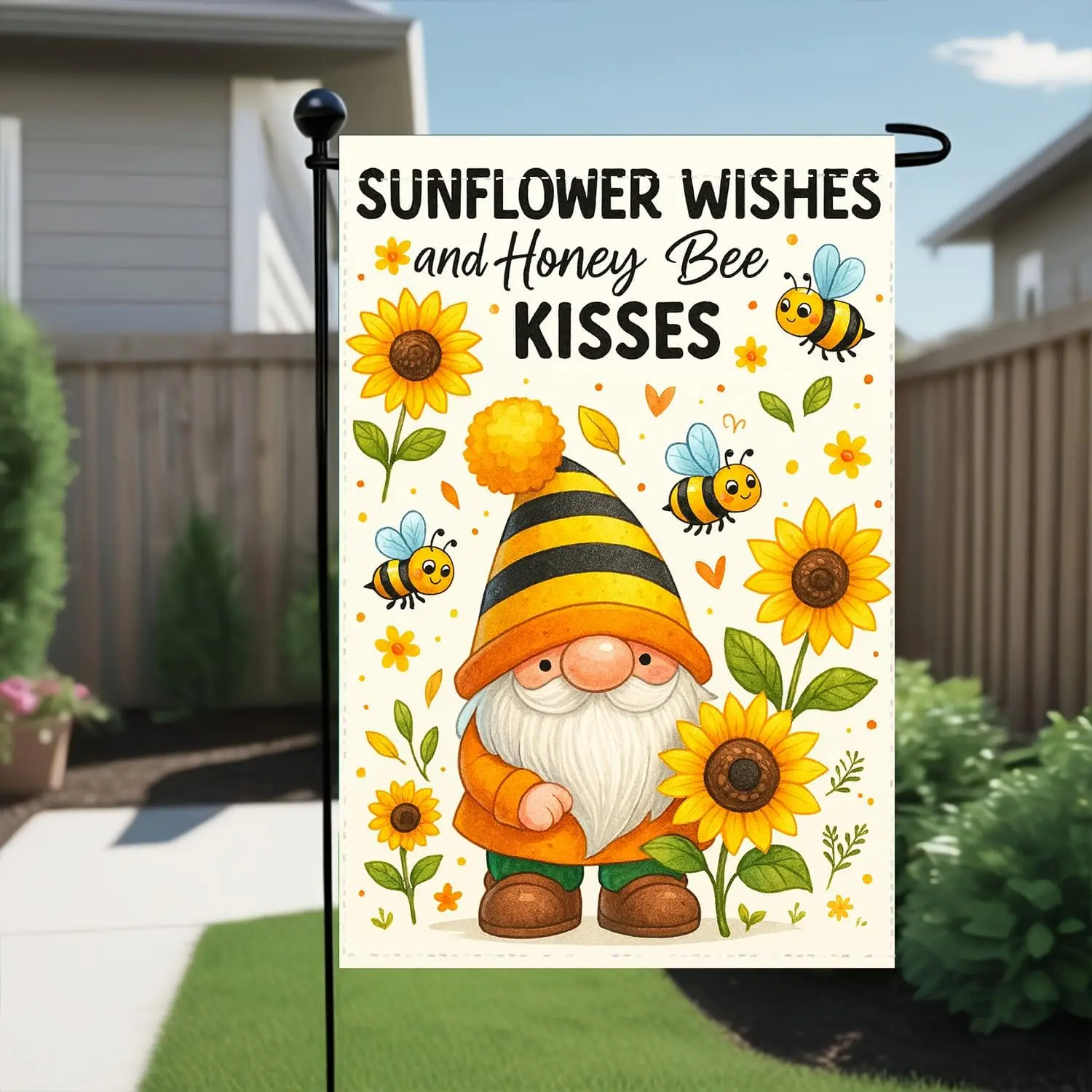 Bee Sunflower Gnome Garden Flag 12x18 Double Sided Gnomes Yard Flags for Outdoor Vertical Polyester Seasonal Spring Summer W zzo