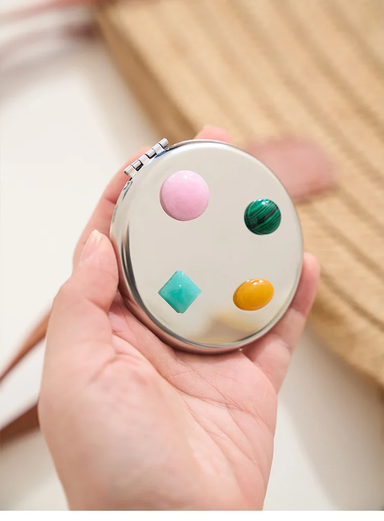 Ins Style Natural Stone Portable Mirror, Luxury Stainless Steel Mini Makeup Mirror, Vintage Compact Mirror