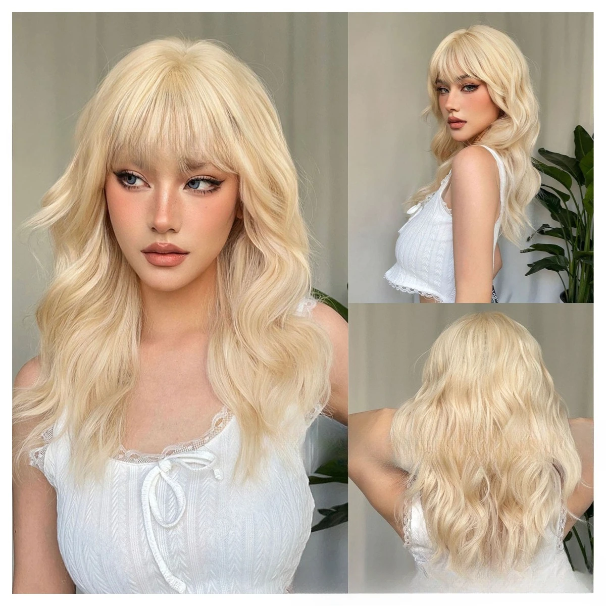 

European and American style new full head wig white gold, Qi bangs, wavy long curly hair, chemical fiber silk wigs