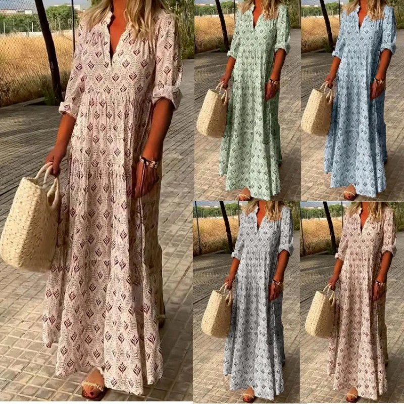 

Summer New Arrival Retro Stand Collar Plus Size Fashion Loose Long Dress For Women Elegant Casual Maxi Dress Comfortable
