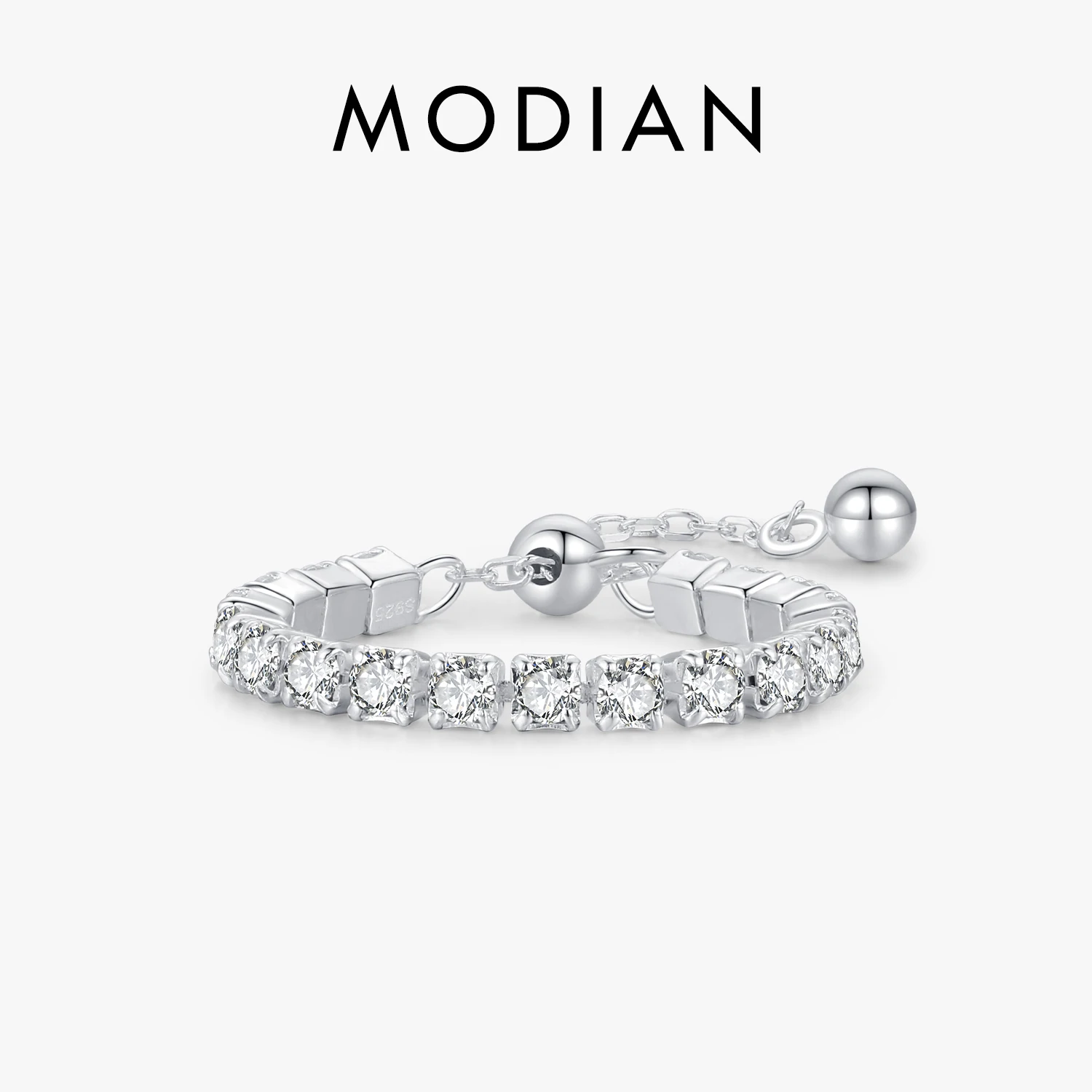 MODIAN 925 Sterling Silver Classic Shinning Clear CZ Ring Adjustable Tennis Chain Ring For Women Luxury Fine Jewelry Gifts