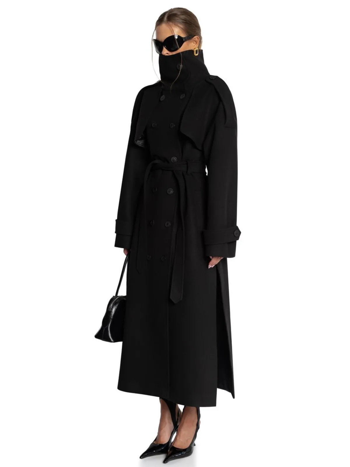 DFDG 2026 Women Double Breasted Wool Blend Trench Coat High Neck Belt Waist Lapel Long Sleeve Elegant Fall Winter Office Coat