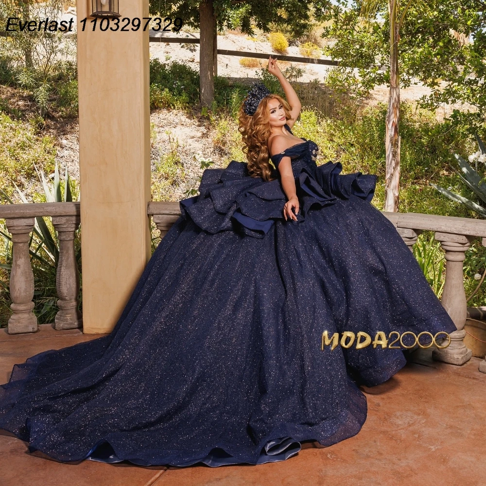 EVLAST Mexican Navy Blue Quinceanera Dress Ball Gown Applique corsetto a strati di cristallo con perline Sweet 16 Vestido De 15 Anos TQD923