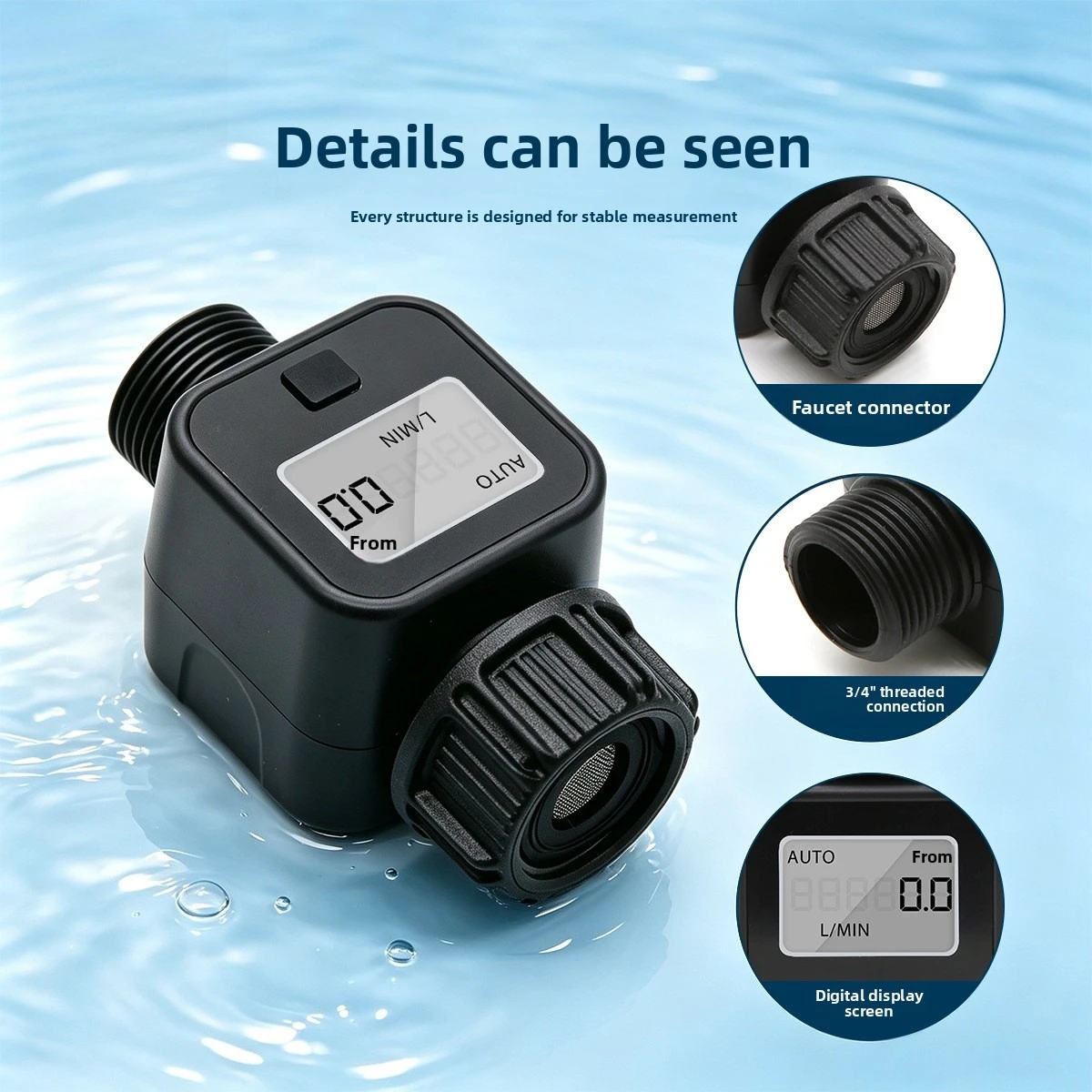 Digital Display Water Flow Meter, G3/4 High Precision Water Flow Sensor for Garden Irrigation, RV Water Tap Flow Measurement