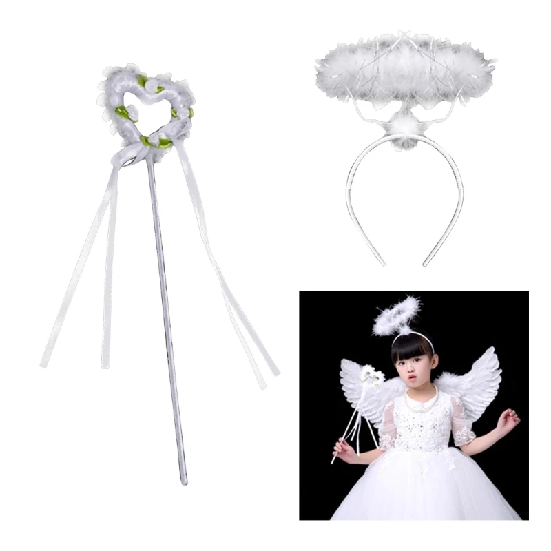 Angel Halos Headbands และ Angel Wand ชุดสีขาวฮาโลวีน Angel ชุดคอสเพลย์เครื่องแต่งกายอุปกรณ์เสริมเด็กผู้ใหญ่