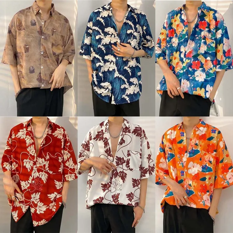 Men's shirt summer new fashionable casual outdoor retro floral shirt short sleeved loose shirt for men and women