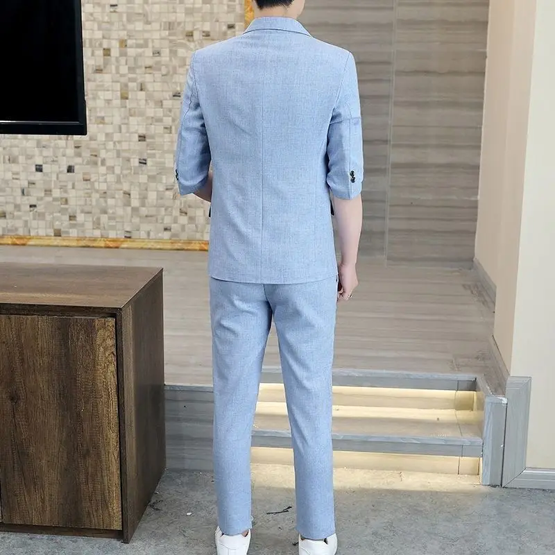 High-End Suit For Men Summer Korean Slim Fit Business Casual Set Half Sleeve Jacket Latest Coat Pant Designs Formal Korean Pink