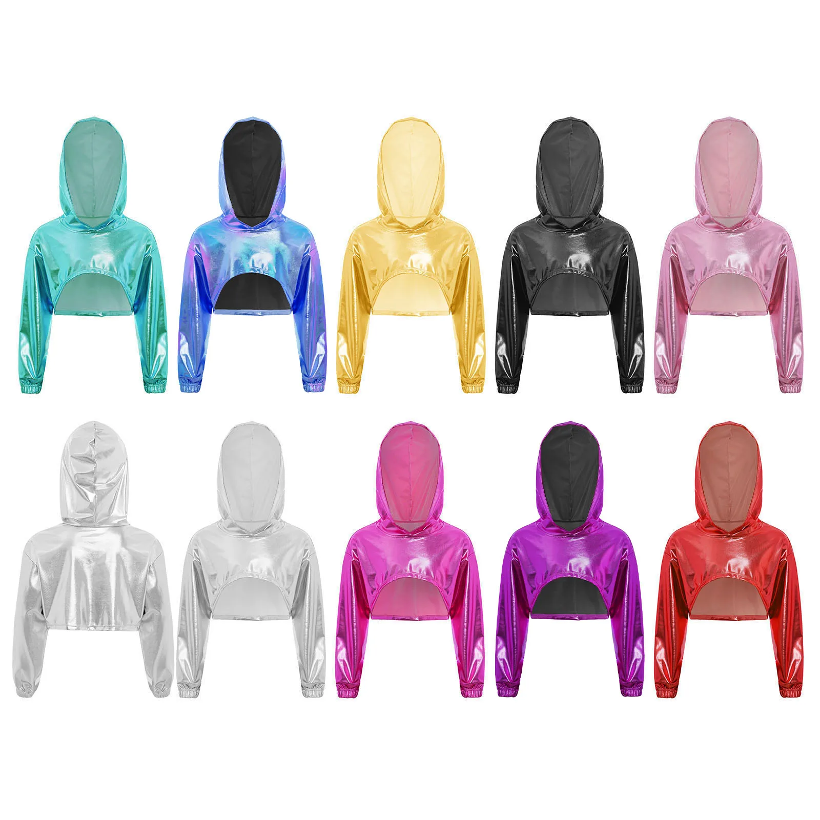 

Girls Hip-Hop Jazz Dance Performance Costume Metallic Hoodie Long Sleeve Cropped Hooded Top Fancy Prom Party School Show Costume