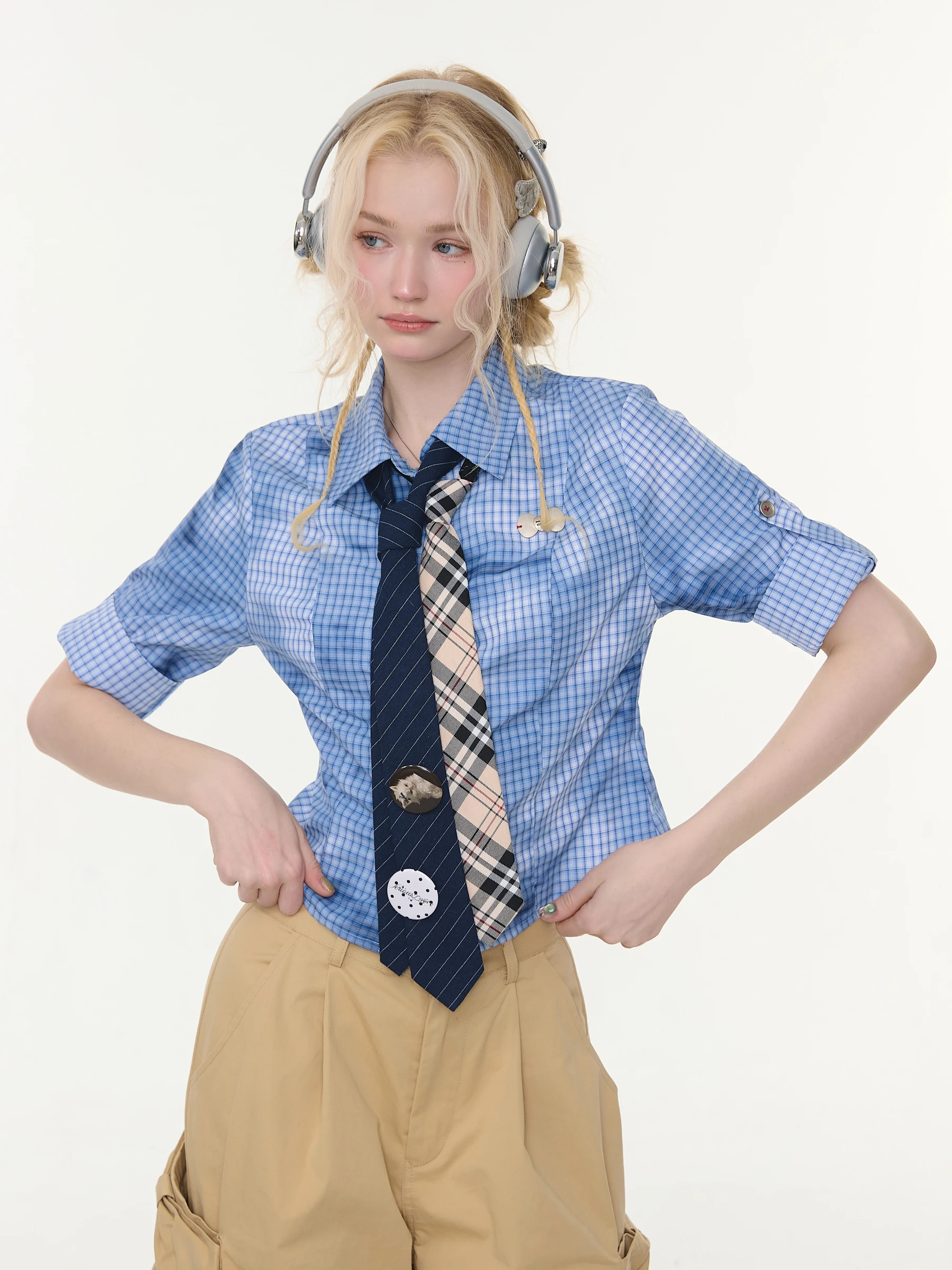 

ZiziFei Women's Slim Fit irt adient Color Blo Waist Cinching ort Sve Plaid Pattern Vintage Sle Polyester Fiber