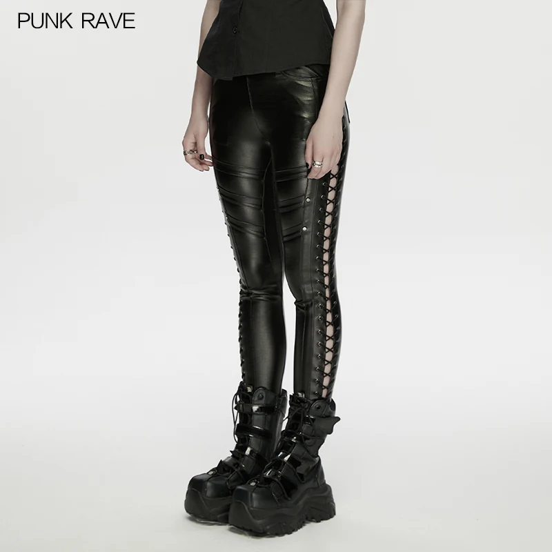 PUNK RAVE Women's Punk Drawstring Tailored Body Curves Figure Leggings Club Personalized Slim Dark Trousers Spring Summer
