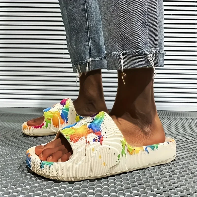 Size35-46 شبشب رجالي أحذية الأزواج أحذية الشاطئ الحمام شقة في الهواء الطلق الشاطئ الشرائح الكتابة على الجدران سميكة وحيد الإبداعية أحذية غير رسمية