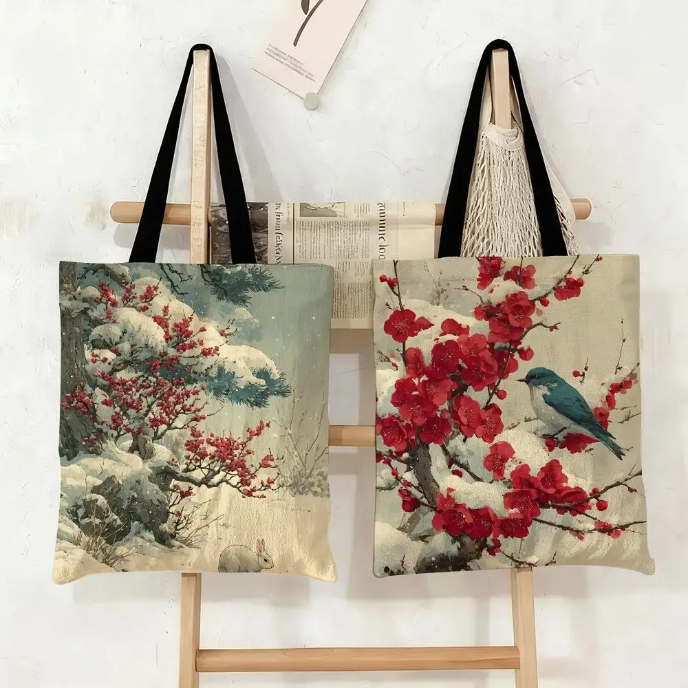 Plum Blossom Storage Bags Canvas Tote Bag Large Capacity Double-Sided Print Reusable Shopping Bag Eco-Friendly Shoulder Bag