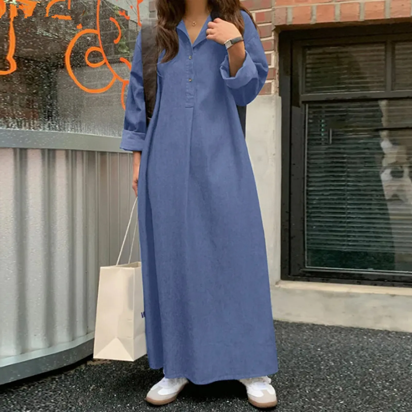 Spring Denim Solid Color Bohemian Maxi Dress: Casual Plus Size Long Dress For Chic Commute loose V Neck ladies vestidos