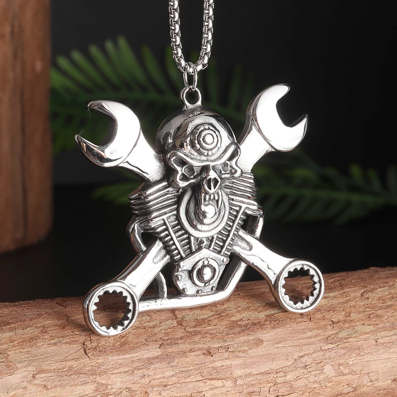 Gothic Heavy Motorcycle Engine Skull Wrench Pendant Necklace Mens Biker Rock Party Exorcist Jewelry Gift