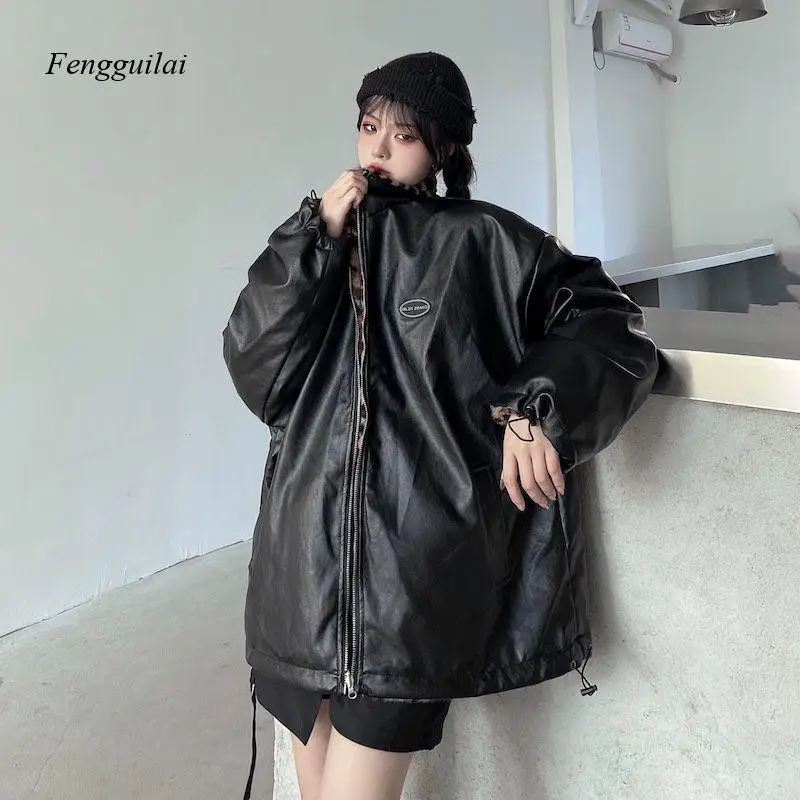 Two-Sided Leopard Print Thick Plush Coat for Women In Winter, New Style, with A Retro Hong Kong Flavor, Made of Leather.