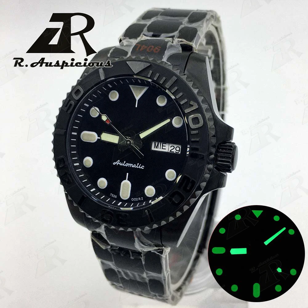 

R.Auspicious 40mm Weekday Date Japan NH36A Automatic Mens Watch AR coating Sapphire Glass Luminous Black White Dial Oyster Strap