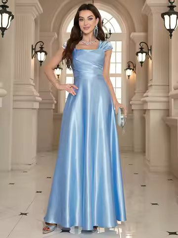 Elegant Light Blue Square Neck Satin Maxi Dress for Formal Evening Events
