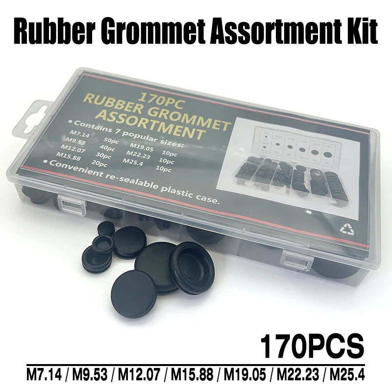 

M7.14/M9.53/M12.07/M15.88/M19.05/M22.23/M25.4 Black Rubber Hole Plug Kit Dustproof Insulat Grommets Washers 170PCS Rubber Seals