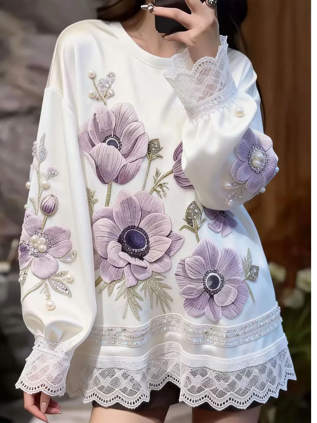 Elegant Lace Floral Splicing T-Shirt Women's Premium Feeling Beautiful Top Commute Style Korean Version Loose Fit Long Sleeve