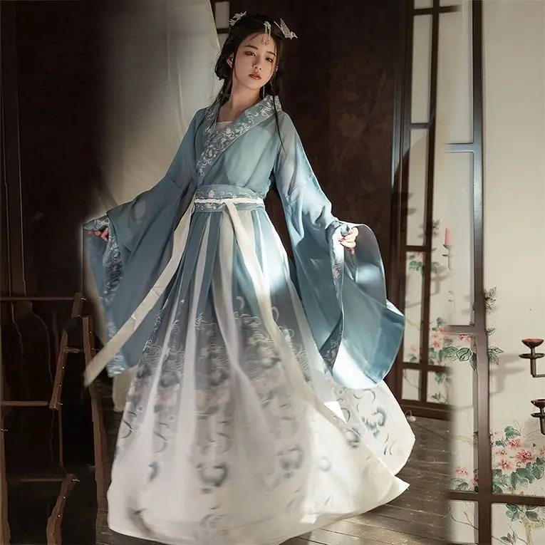 Hanfu Dress Women Chinese Traditional Vintage Hanfu Female Halloween Cosplay Costume Printed Hanfu bule 3pcs Sets Plus Size XL