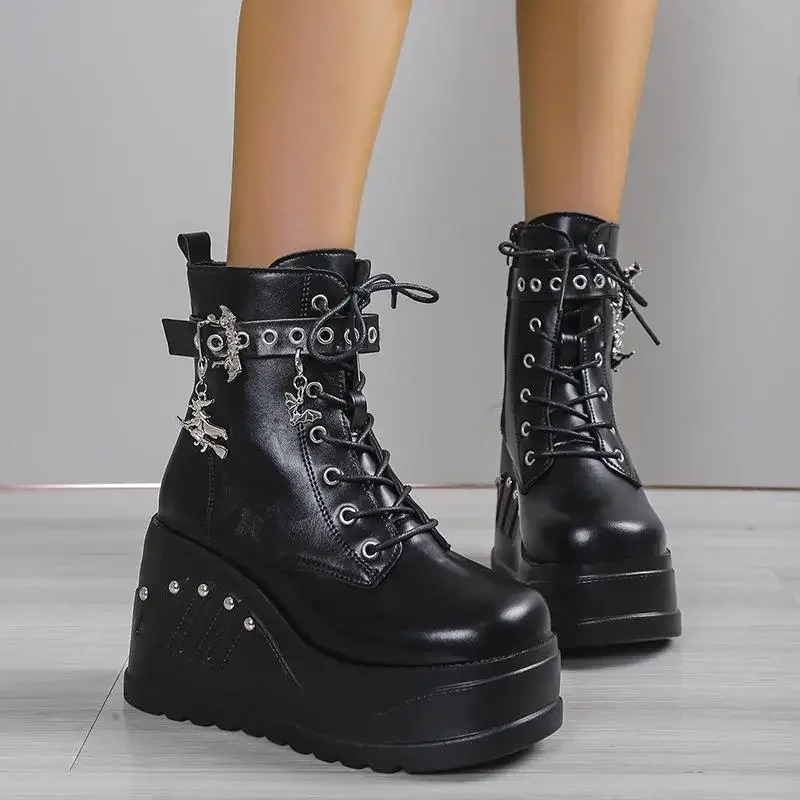 2024 novas botas para mulheres moda venda quente punk goth plataforma saltos cunha botas femininas casuais goth punk tamanho 43 sapatos femininos