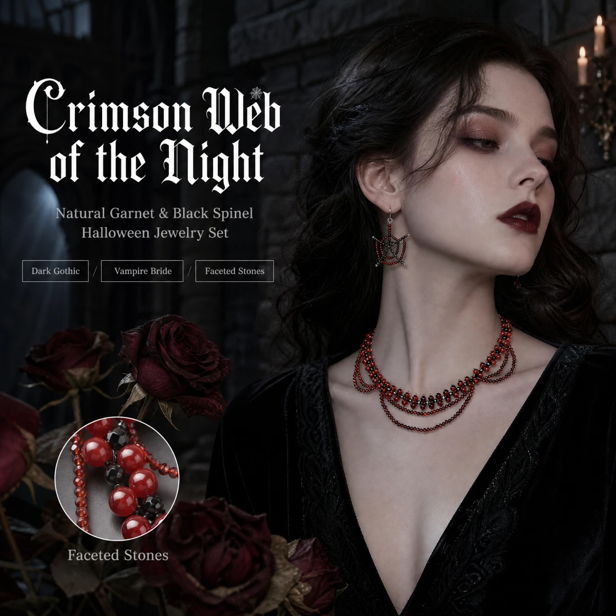 Faceted Natural Garnet Black Spinel Blood Gothic Halloween Pendant Necklace Stainless Steel Chain Chakra Protection Gifts