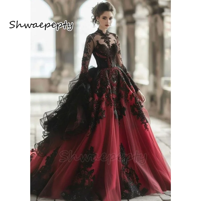 

Gothic Black With Burgundy Wedding Dreses Ruffles Flare Long Sleeves Jewel Neck Princess Bridal Gowns Court Train Customized