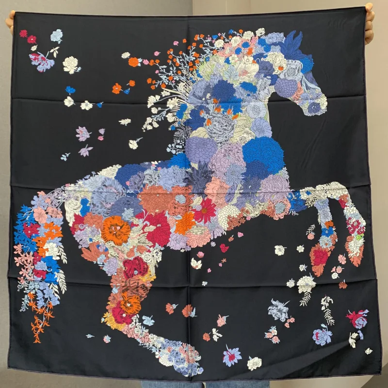 Two Faced Silk Scarf 18mm 90CM Women Horse Print Bandanas Head Bag Accessories Luxury Shawls Hair Neck Scarves Foulard Femme